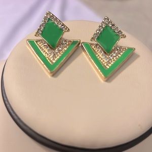 New Rhinestone Lime Green Hand-painted on Gold Earrings